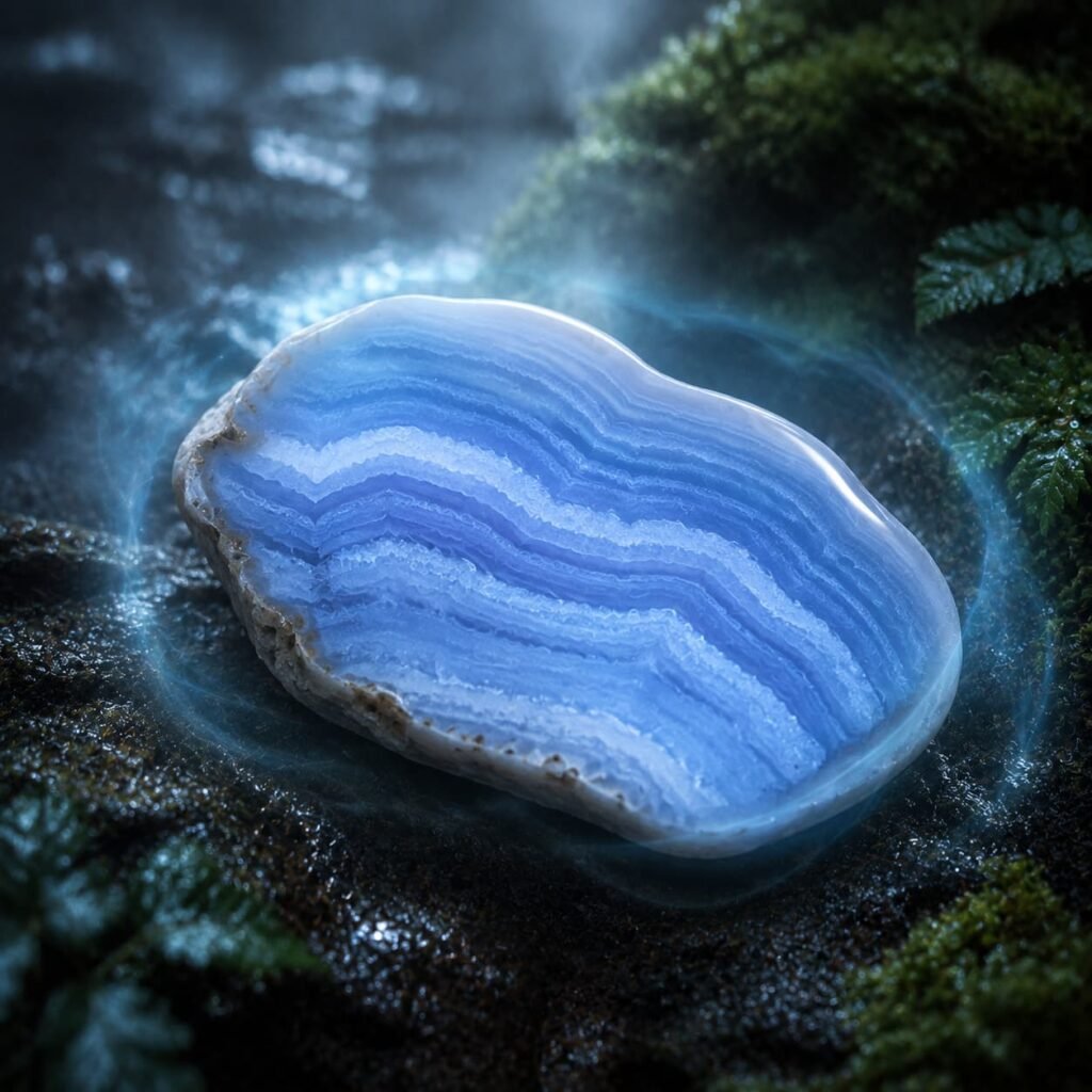 Striped blue lace agate stone releases soft blue chakra light, relieve nerve tension and mental damage accumulated from long-term overthinking