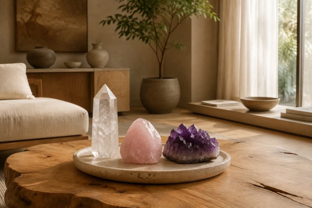 Natural crystals displayed in a Feng Shui inspired living room