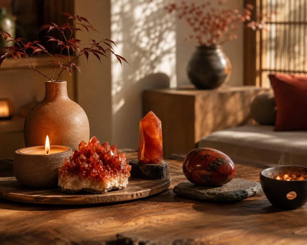Carnelian and Red Jasper complementing the Fire element in a Feng Shui inspired space