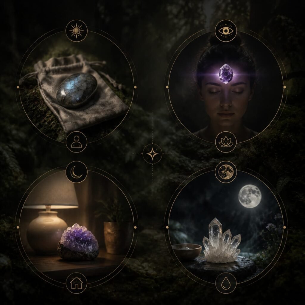 Infographic-style spiritual picture showing carry, meditation, placement, moonlight cleansing four crystal usage methods, guide to relieve chronic overthinking