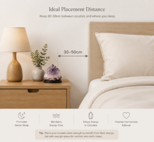 Illustration showing proper distance between bed head and crystals on nightstand