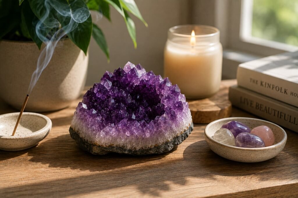 Natural amethyst crystal in a peaceful meditation corner with soft light