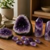 Natural amethyst cluster geode point and tumbled stones for different rooms in the home