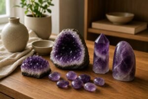 Natural amethyst cluster geode point and tumbled stones for different rooms in the home