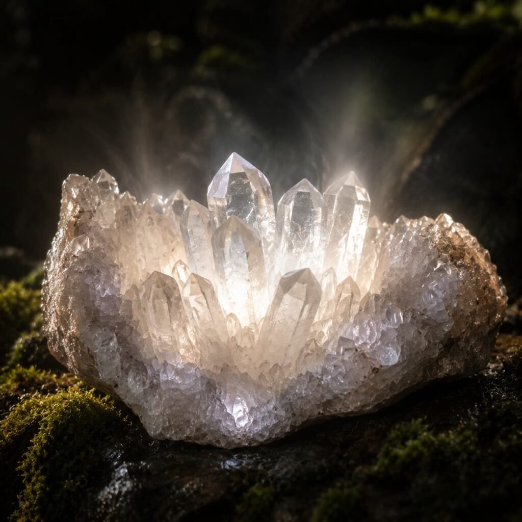 Transparent clear quartz crystal cluster emits soft white healing light, purify messy thoughts caused by overthinking, ease daily high-intensity mental fatigue