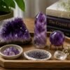 Collection of natural amethyst clusters points and polished stones