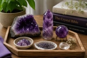 Collection of natural amethyst clusters points and polished stones