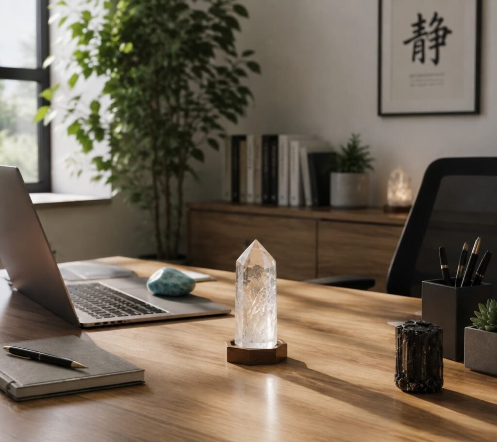 Best healing crystal layout for office desk to boost focus and block workplace negative energy
