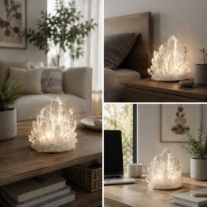 Crystal placement layout for living room, bedroom and office home feng shui energy arrangement with natural clear quartz healing stones