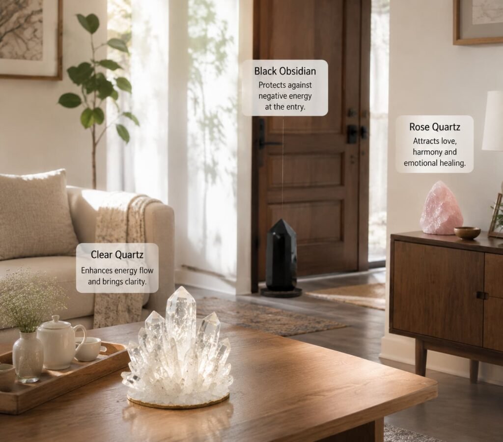 Feng shui crystal placement guide for living room to purify indoor negative energy and harmonize family aura