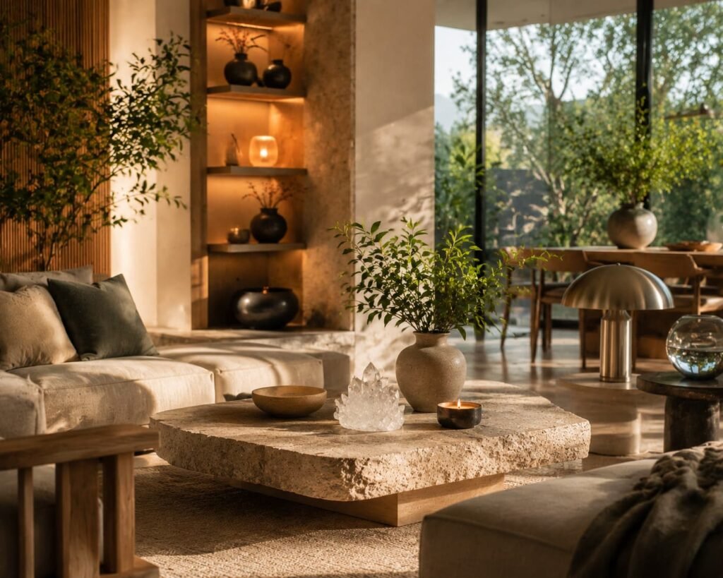 Modern home interior balancing the Five Elements of Feng Shui through natural materials