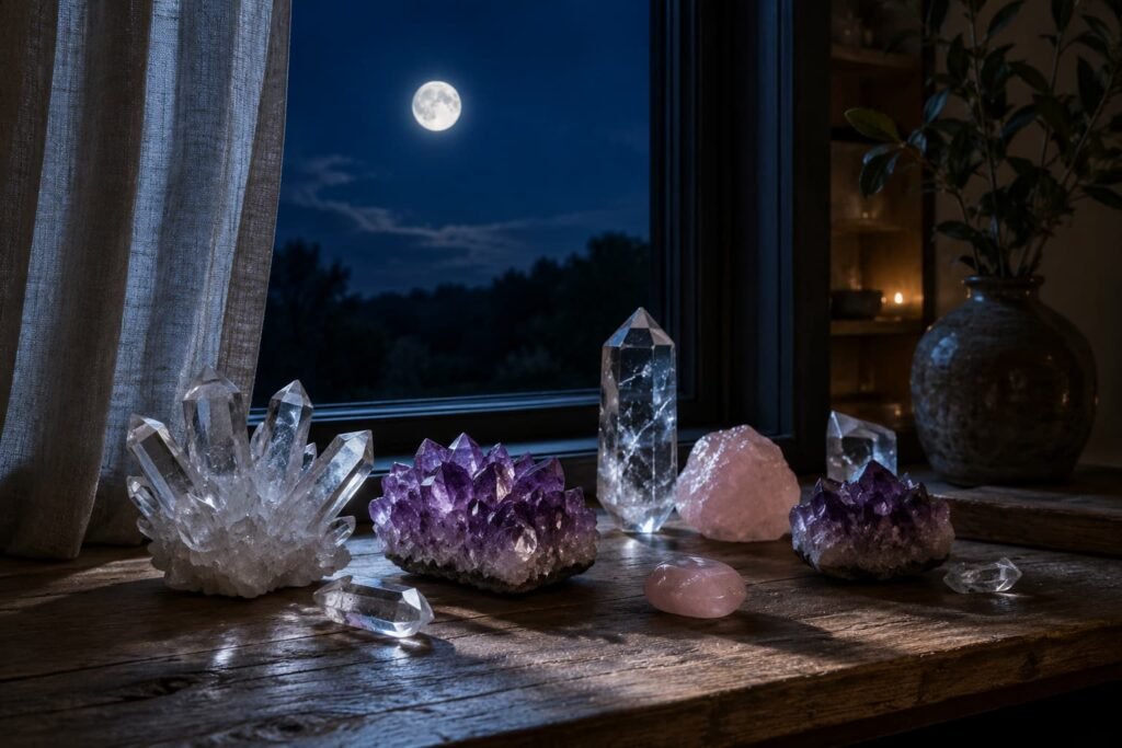 Crystals placed under moonlight for a cleansing ritual