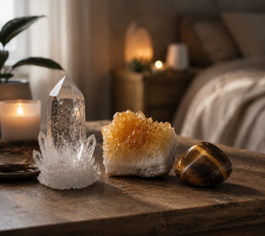 High vibration stimulating crystals not suitable for bedside placement, clear quartz, citrine, tiger eye stone