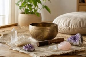 Crystal cleansing ritual with natural crystals in a peaceful home space