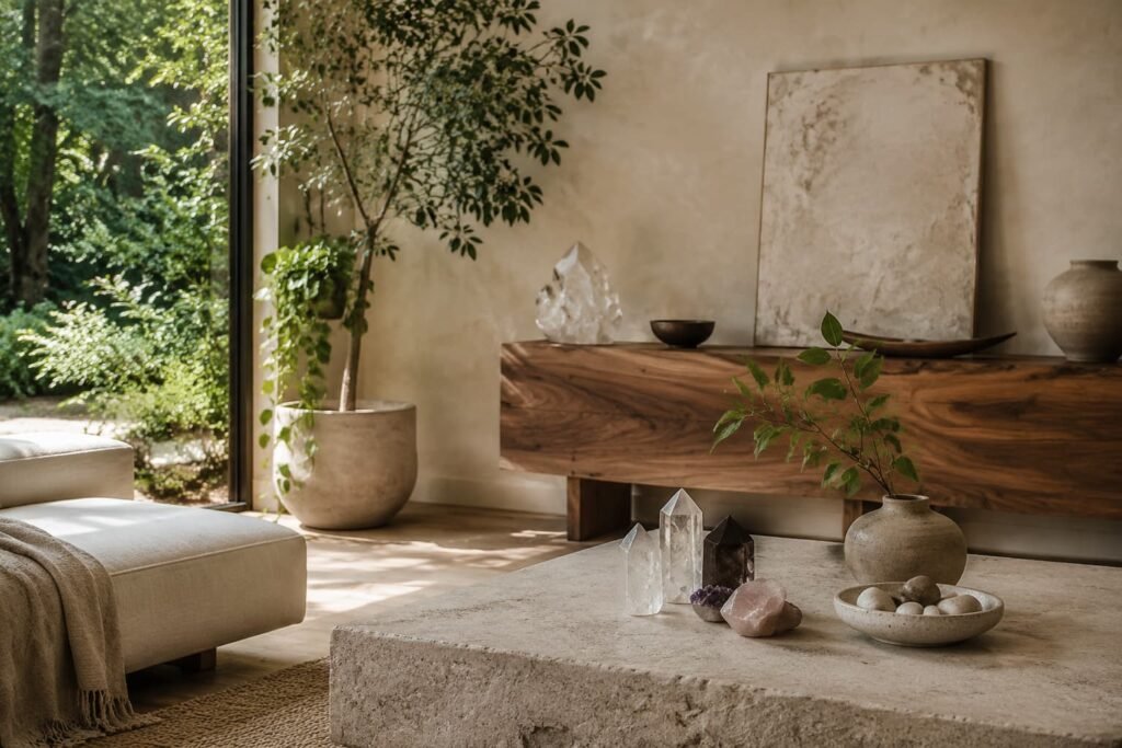 Natural elements including crystals and plants in a Feng Shui inspired home