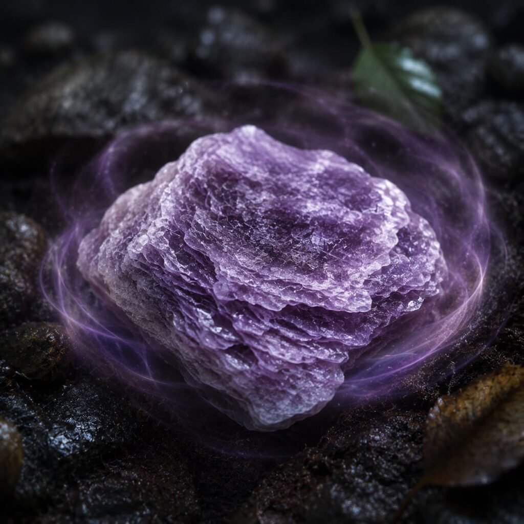 Natural purple lepidolite rough stone with faint purple aura, spiritual crystal to soothe anxious brain activity and improve long-term mental weariness