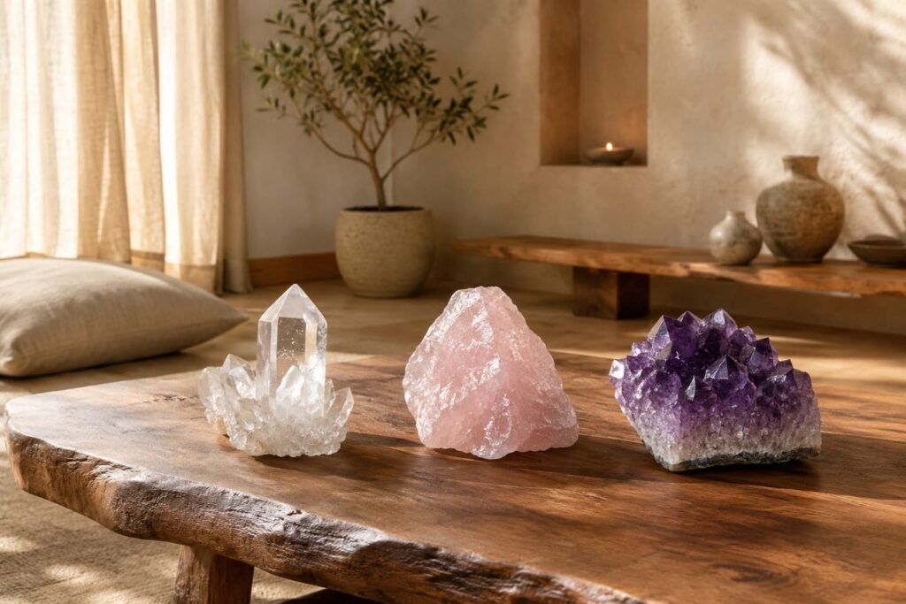 Best crystals for beginners displayed in a peaceful home setting