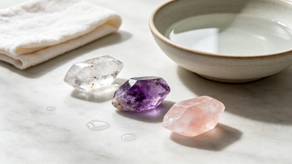 Clear Quartz Amethyst and Rose Quartz beside water for gentle crystal cleaning