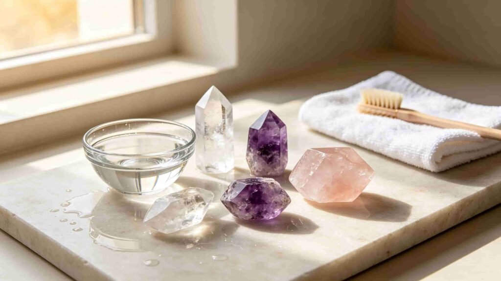 Natural crystals beside water and a soft cloth for safe crystal cleaning