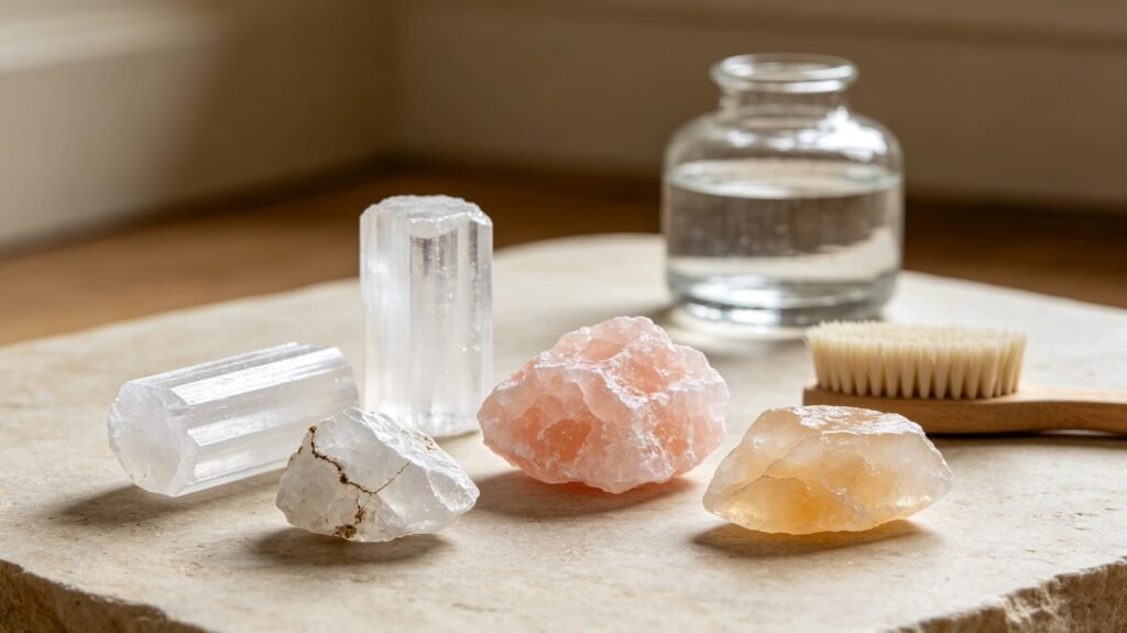 Selenite halite and calcite mineral specimens kept dry during crystal care