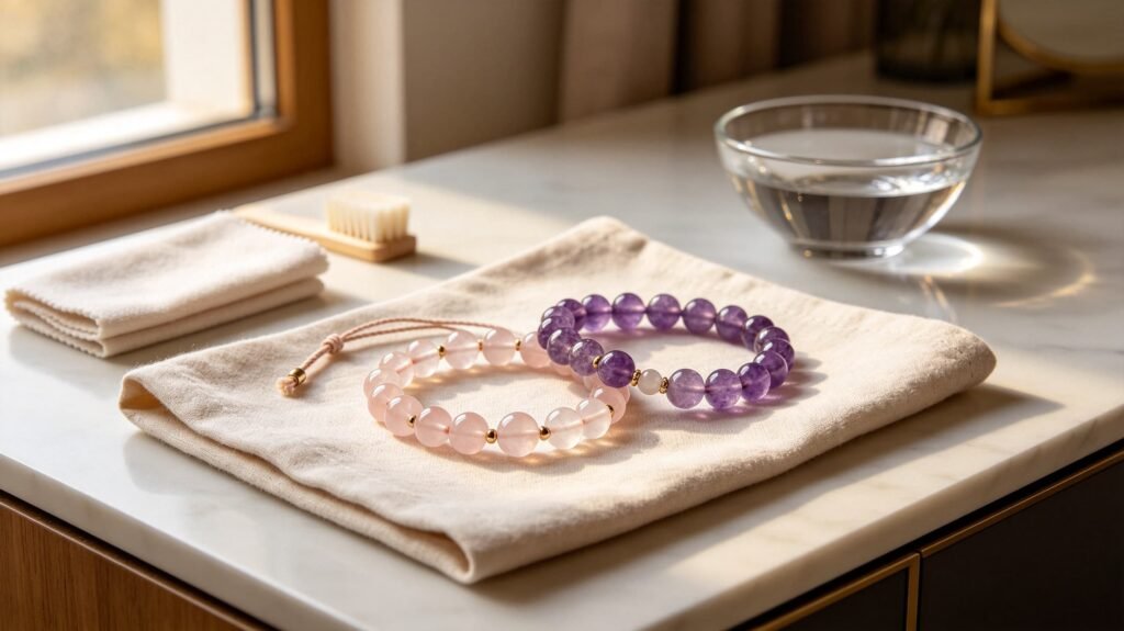 Rose Quartz and Amethyst bracelets with a soft cloth for gentle crystal jewelry care