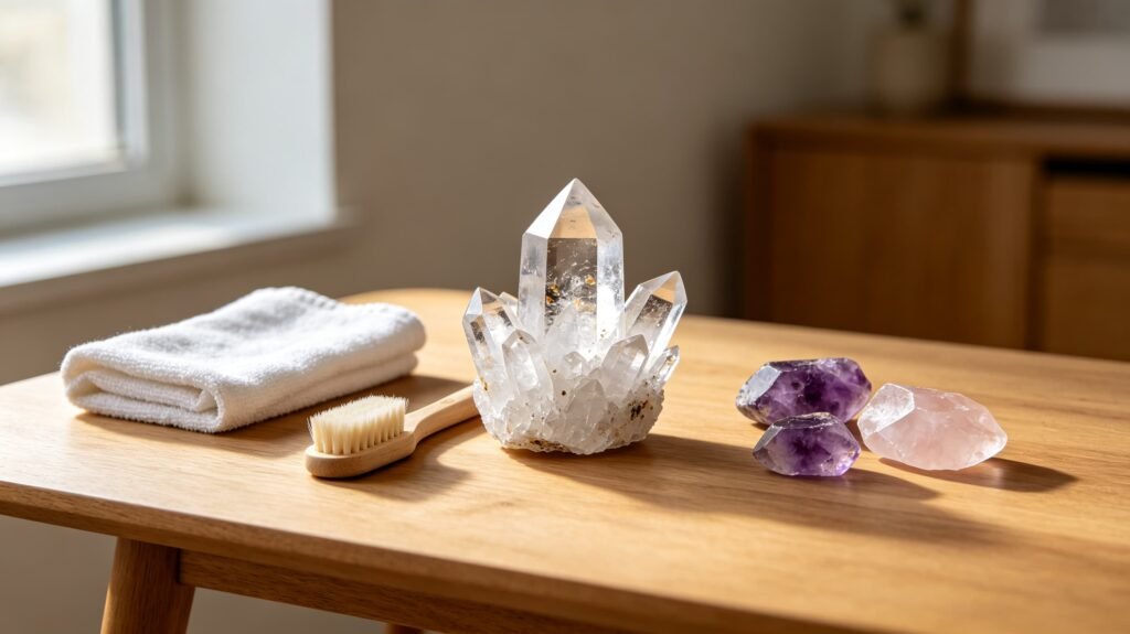 Natural crystal cluster with a soft brush and cloth for cleaning crystals without water