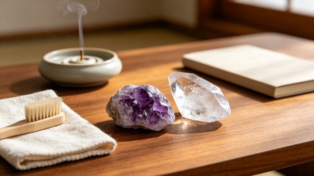 Crystal cleaning tools and mindful cleansing ritual items arranged with natural crystals