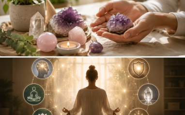 A peaceful crystal healing scene showing meditation, energy balance, and spiritual wellness with natural crystals and soft light.