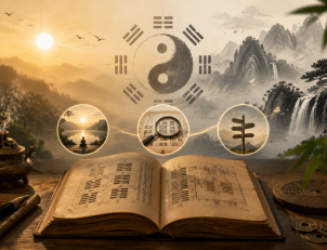 A symbolic visualization of the I Ching Book of Changes showing yin yang balance, hexagrams, and ancient Chinese philosophy of transformation and decision making.