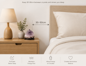 Illustration showing proper distance between bed head and crystals on nightstand