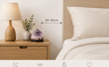Illustration showing proper distance between bed head and crystals on nightstand