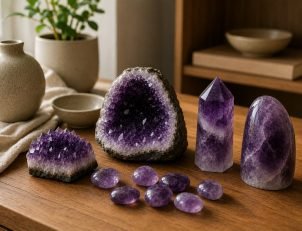 Natural amethyst cluster geode point and tumbled stones for different rooms in the home
