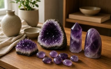 Natural amethyst cluster geode point and tumbled stones for different rooms in the home