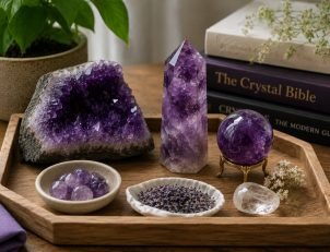 Collection of natural amethyst clusters points and polished stones