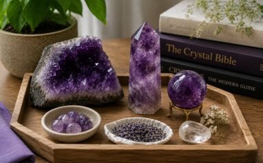 Collection of natural amethyst clusters points and polished stones