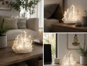 Crystal placement layout for living room, bedroom and office home feng shui energy arrangement with natural clear quartz healing stones
