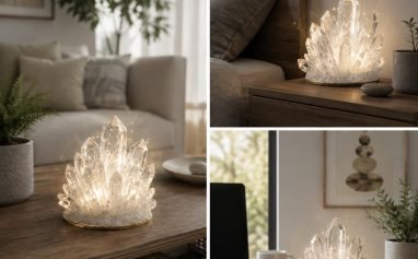 Crystal placement layout for living room, bedroom and office home feng shui energy arrangement with natural clear quartz healing stones