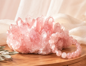 Rose Quartz raw cluster and bracelet for heart chakra emotional healing and home placement