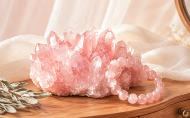 Rose Quartz raw cluster and bracelet for heart chakra emotional healing and home placement
