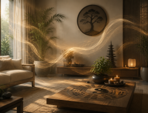 Feng Shui Living Room with Yin Yang Energy Flow and Spiritual Home Interior Design