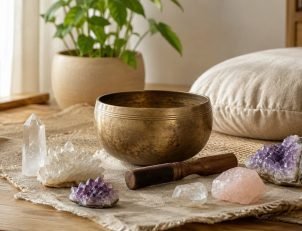 Crystal cleansing ritual with natural crystals in a peaceful home space