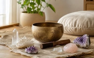 Crystal cleansing ritual with natural crystals in a peaceful home space