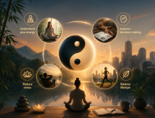 yin yang meditation and modern lifestyle balance concept with energy harmony decision making and stress relief visualization