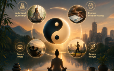 yin yang meditation and modern lifestyle balance concept with energy harmony decision making and stress relief visualization